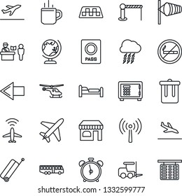 Thin Line Icon Set - plane vector, radar, antenna, taxi, suitcase, departure, arrival, airport bus, barrier, hot cup, passport control, alarm clock, no smoking, trash bin, globe, shop, bed, wind