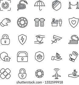 Thin Line Icon Set - plane radar vector, fence, passport control, glove, hose, patch, heart shield, hand, umbrella, protect, lock, eye id, estate insurance, water filter, home, surveillance
