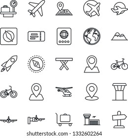 Thin Line Icon Set - plane vector, airport tower, baggage trolley, ticket, passport, boarding, helicopter, luggage scales, building, picnic table, bike, navigation, earth, pin, place tag, compass