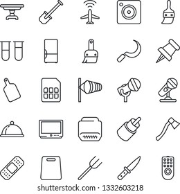 Thin Line Icon Set - plane radar vector, wind, shovel, farm fork, sickle, axe, blood test vial, patch, microphone, tv, paper pin, rca, hdmi, mobile camera, themes, sim, table, fridge, dish, knife