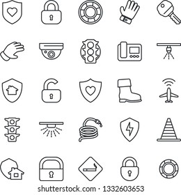 Thin Line Icon Set - plane radar vector, smoking place, border cone, lock, glove, boot, hose, heart shield, traffic light, protect, key, intercome, home, surveillance, sprinkler, crisis management