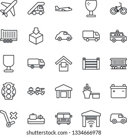 Thin Line Icon Set - plane vector, baggage conveyor, airport bus, larry, ladder car, ambulance, bike, railroad, traffic light, truck trailer, delivery, sea port, container, fragile, no trolley