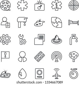 Thin Line Icon Set - plane radar vector, bomb in case, passport, bed, water drop, pills blister, ambulance star, patient, important flag, folder document, reel, antenna, application, root setup