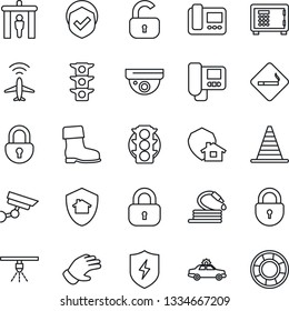 Thin Line Icon Set - plane radar vector, security gate, smoking place, alarm car, border cone, safe, lock, glove, boot, hose, traffic light, shield, protect, intercome, home, surveillance, sprinkler