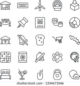 Thin Line Icon Set - plane globe vector, mouse, crisis graph, circle chart, wheelbarrow, fertilizer, blood pressure, tomography, warehouse, package, heavy, paper pin, settings, mute, windmill, menu