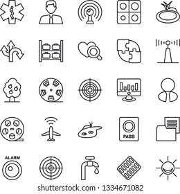 Thin Line Icon Set - plane radar vector, passport, luggage storage, statistic monitor, pond, heart diagnostic, pills blister, ambulance star, route, folder document, reel, antenna, application