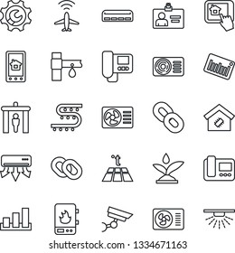 Thin Line Icon Set - plane radar vector, security gate, identity card, drip irrigation, sorting, barcode, chain, root setup, air conditioner, smart home, water heater, intercome, control app