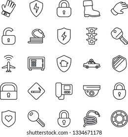 Thin Line Icon Set - plane radar vector, smoking place, alarm car, safe, lock, glove, boot, hose, heart shield, traffic light, protect, key, intercome, home, surveillance, crisis management