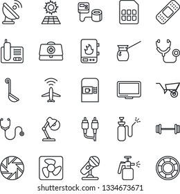 Thin Line Icon Set - plane radar vector, coffee machine, wheelbarrow, garden sprayer, doctor case, stethoscope, blood pressure, patch, barbell, satellite antenna, microphone, monitor, radio phone