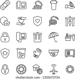 Thin Line Icon Set - plane radar vector, passport control, security gate, umbrella, trash bin, safe, glove, hose, patch, heart shield, hand, lock, estate insurance, intercome, water filter