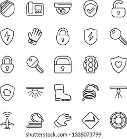 Thin Line Icon Set - plane radar vector, smoking place, lock, glove, boot, hose, heart shield, traffic light, protect, key, intercome, home, surveillance, sprinkler, crisis management