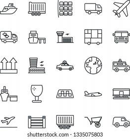 Thin Line Icon Set - plane vector, taxi, departure, airport bus, alarm car, seat map, building, wheelbarrow, ambulance, earth, sea shipping, truck trailer, delivery, port, container, fragile, moving