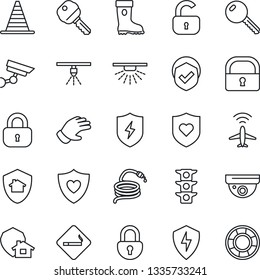 Thin Line Icon Set - plane radar vector, smoking place, border cone, glove, boot, hose, heart shield, traffic light, protect, lock, key, home, surveillance, sprinkler, crisis management