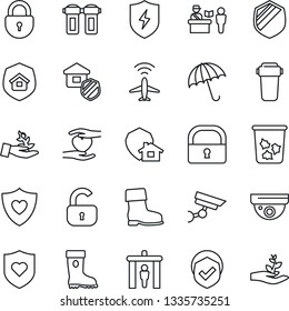 Thin Line Icon Set - plane radar vector, passport control, security gate, umbrella, trash bin, lock, boot, heart shield, hand, protect, estate insurance, water filter, home, surveillance