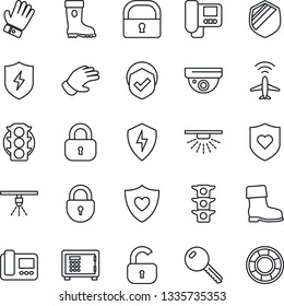 Thin Line Icon Set - plane radar vector, safe, lock, glove, boot, heart shield, traffic light, protect, key, intercome, surveillance, sprinkler, crisis management