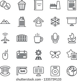 Thin Line Icon Set - plane radar vector, mouse, presentation board, butterfly, fire, garden light, pills, term, warehouse storage, microphone, speaker, favorites list, copybook, contract, mountains