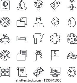 Thin Line Icon Set - plane radar vector, passport, bed, luggage storage, statistic monitor, contract, water drop, pond, pills blister, ambulance star, route, important flag, folder document, reel
