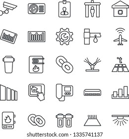 Thin Line Icon Set - plane radar vector, security gate, identity card, drip irrigation, sorting, barcode, chain, root setup, air conditioner, smart home, water heater, intercome, control app, filter