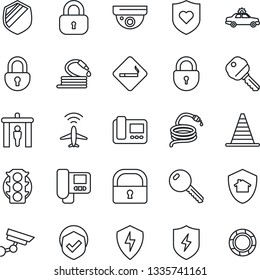 Thin Line Icon Set - plane radar vector, security gate, smoking place, alarm car, border cone, lock, hose, heart shield, traffic light, protect, key, intercome, home, surveillance, crisis management