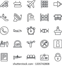 Thin Line Icon Set - plane vector, dispatcher, satellite antenna, airport bus, parking, spoon and fork, cafe, passport control, escalator, alarm clock, phone, signpost, female, waiting area, shower