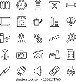 Thin Line Icon Set - plane radar vector, camera, ripper, watering can, glove, picnic table, drip irrigation, patch, barbell, clock, radio, speaker, tv, phone, battery, sim, sun panel, factory, knife