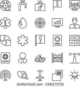 Thin Line Icon Set - plane radar vector, bomb in case, passport, luggage storage, statistic monitor, water drop, heart diagnostic, ambulance star, important flag, folder document, reel, antenna