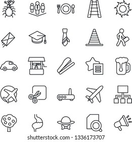 Thin Line Icon Set - plane vector, border cone, graduate, ladder, sun, well, stomach, virus, car delivery, favorites list, cut, document search, tie, manager, stapler, company, fruit tree, cafe