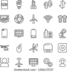 Thin Line Icon Set - plane radar vector, coffee machine, helicopter, mouse, monitor pulse, office phone, microphone, radio, low battery, rec button, hdmi, back, network, data exchange, wireless