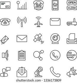 Thin Line Icon Set - plane radar vector, antenna, phone, speaking man, mail, 24 hours, microphone, satellite, speaker, share, call, network, cellular signal, clipboard, paper tray, open close