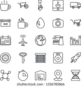 Thin Line Icon Set - plane radar vector, coffee, factory, stamp, wheelbarrow, water drop, molecule, car delivery, camera, equalizer, speaker, stopwatch, download, place tag, tie, warehouse, jalousie