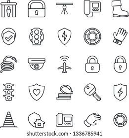 Thin Line Icon Set - plane radar vector, security gate, border cone, lock, glove, boot, hose, heart shield, traffic light, protect, key, intercome, home, surveillance, sprinkler, crisis management