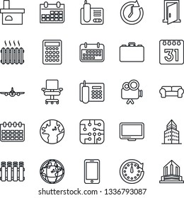 Thin Line Icon Set - plane vector, mobile phone, case, calendar, fireplace, earth, term, video camera, monitor, radio, office building, chair, cushioned furniture, heater, chip, radiator, door