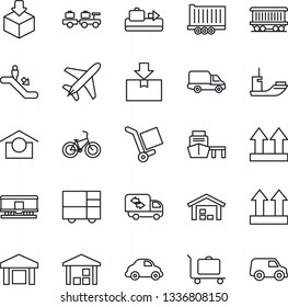 Thin Line Icon Set - plane vector, baggage conveyor, trolley, escalator, larry, bike, railroad, sea shipping, truck trailer, car delivery, port, consolidated cargo, warehouse storage, up side sign