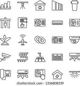 Thin Line Icon Set - plane radar vector, security gate, drip irrigation, sorting, barcode, chain, air conditioner, smart home, water heater, intercome, control app, filter, warm floor, surveillance