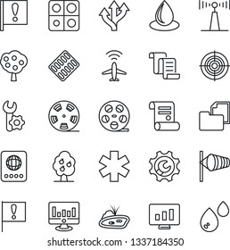 Thin Line Icon Set - plane radar vector, passport, wind, contract, statistic monitor, water drop, pills blister, ambulance star, route, important flag, folder document, reel, antenna, application