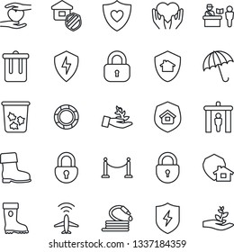 Thin Line Icon Set - plane radar vector, fence, passport control, security gate, umbrella, trash bin, lock, boot, hose, heart shield, hand, protect, estate insurance, home, palm sproute