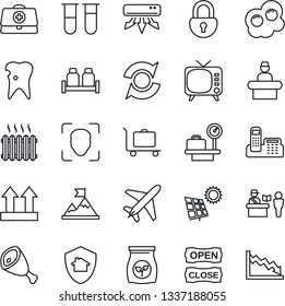 Thin Line Icon Set - plane vector, baggage trolley, passport control, reception, luggage scales, fertilizer, doctor case, blood test vial, caries, up side sign, tv, lock, face id, update, sun panel