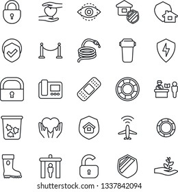 Thin Line Icon Set - plane radar vector, fence, passport control, security gate, trash bin, lock, boot, hose, patch, heart hand, shield, protect, eye id, estate insurance, intercome, water filter