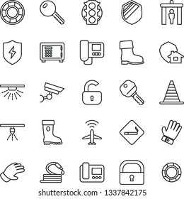 Thin Line Icon Set - plane radar vector, security gate, smoking place, border cone, safe, glove, boot, hose, traffic light, shield, protect, lock, key, intercome, home, surveillance, sprinkler