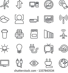 Thin Line Icon Set - plane radar vector, antenna, no laptop, clouds, bulb, tomography, sorting, tv, touch screen, monitor, rca, sd, data exchange, face id, eye, statistics, printer, power plug, pc