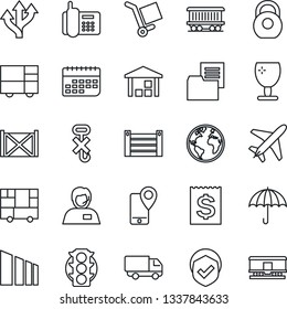 Thin Line Icon Set - plane vector, route, earth, railroad, traffic light, office phone, support, mobile tracking, car delivery, term, receipt, container, consolidated cargo, folder document, fragile
