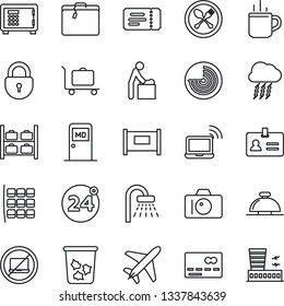 Thin Line Icon Set - plane vector, fence, suitcase, baggage trolley, hot cup, spoon and fork, 24 around, no laptop, trash bin, credit card, ticket, wireless notebook, reception bell, baby room, safe