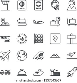 Thin Line Icon Set - plane vector, airport tower, departure, baggage trolley, signpost, reception bell, passport, larry, ladder car, helicopter, seat map, luggage scales, globe, building, navigation