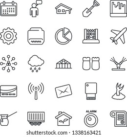 Thin Line Icon Set - plane vector, antenna, speaking man, gear, hierarchy, abacus, shovel, sproute, rain, greenhouse, truck trailer, hdmi, scanner, pie graph, house with garage, salt and pepper, eco