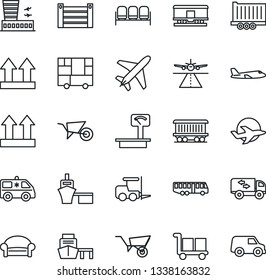 Thin Line Icon Set - plane vector, runway, airport bus, waiting area, fork loader, building, wheelbarrow, ambulance car, railroad, truck trailer, sea port, container, consolidated cargo, moving