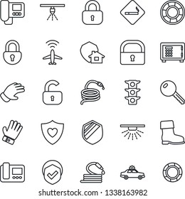 Thin Line Icon Set - plane radar vector, smoking place, alarm car, safe, glove, boot, hose, heart shield, traffic light, lock, key, intercome, home protect, sprinkler, crisis management