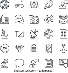 Thin Line Icon Set - plane radar vector, mobile phone, speaking man, 24 hours, satellite antenna, microphone, radio, network, dialog, speaker, share, hdmi, message, sim, cellular signal, clipboard