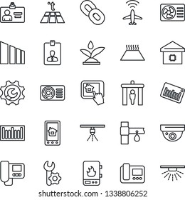 Thin Line Icon Set - plane radar vector, security gate, identity card, drip irrigation, sorting, barcode, chain, root setup, air conditioner, smart home, water heater, intercome, control app