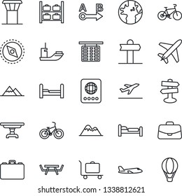 Thin Line Icon Set - plane vector, airport tower, departure, baggage trolley, passport, bed, flight table, luggage storage, case, picnic, bike, signpost, earth, sea shipping, route, compass, bedroom