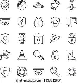 Thin Line Icon Set - plane radar vector, security gate, alarm car, border cone, lock, glove, boot, hose, heart shield, traffic light, protect, key, intercome, home, surveillance, sprinkler